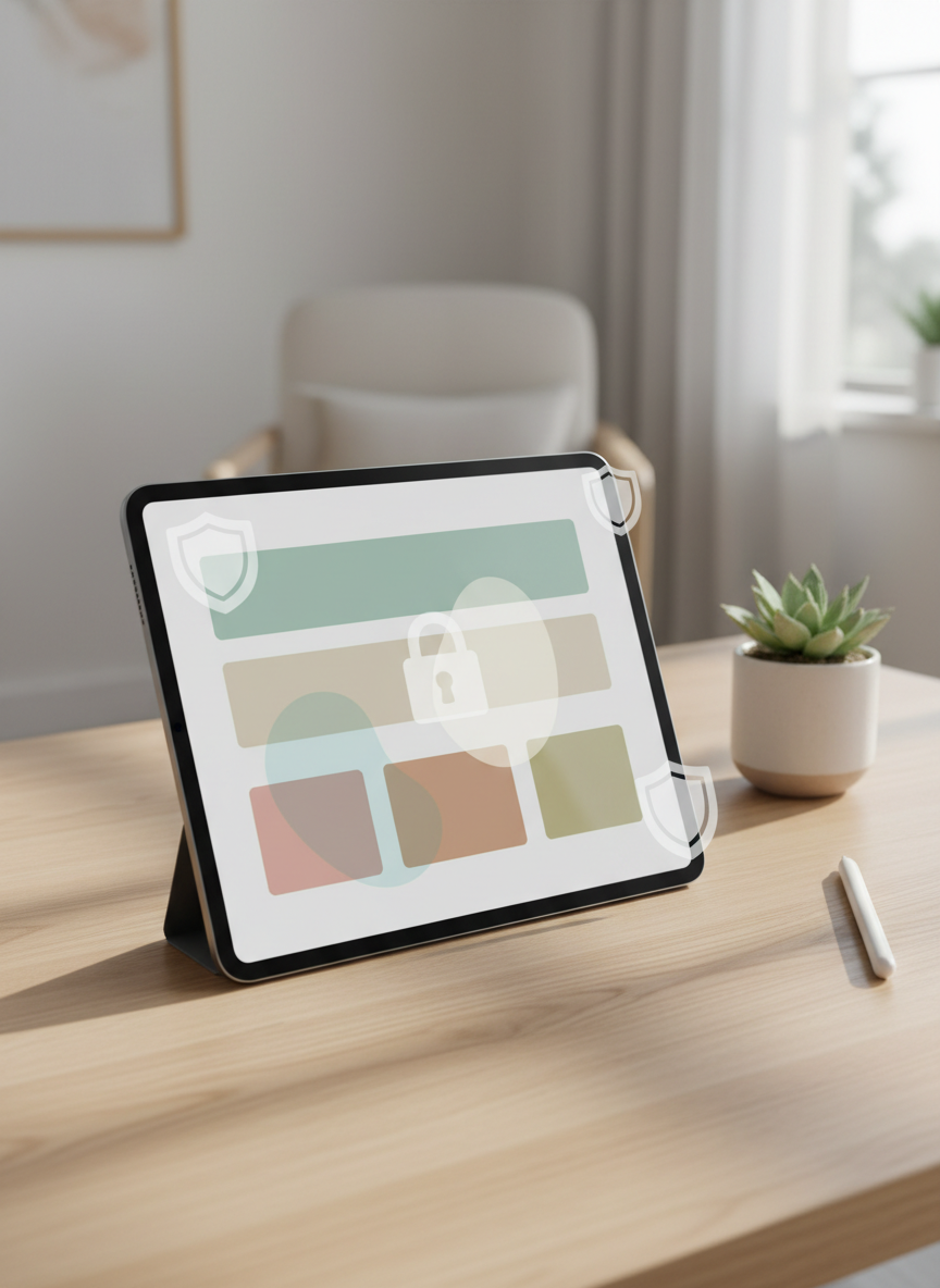 A calm, minimalist pricing and booking concept represented by a slim tablet lying on a pale oak tabletop, displaying a clean, abstract interface: simple colored blocks indicating different session types and durations, and rounded shapes suggesting transparent fees, all without legible text. A subtle, translucent overlay of lock and shield icons floats across the screen, symbolizing secure telehealth and confidential payment. Soft morning light falls from the left, creating delicate reflections on the glass surface of the tablet and gentle shadows from a nearby pen and small potted plant. Photographic realism with a neutral, modern color palette of whites, sands, and soft greens. Shot from a slightly elevated angle with shallow depth of field, the background fades into a soft blur of a tidy, peaceful home environment, highlighting ease of online booking.