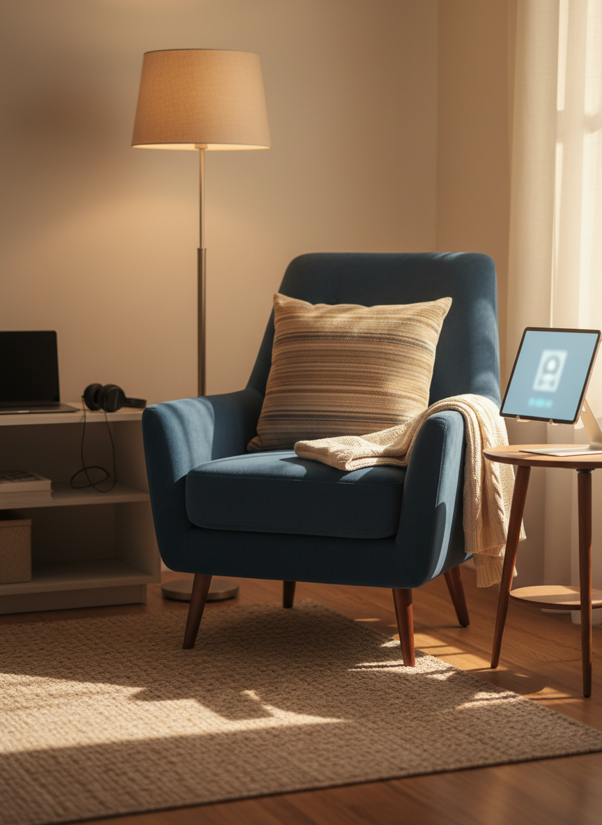 A comfortably furnished corner of a living space set up for an online counselling session, featuring a plush, deep-blue armchair angled toward a small side table holding a tablet on a stand, its screen softly illuminated. A neatly folded throw blanket and textured cushion suggest warmth and emotional support. Nearby, a tall floor lamp with a fabric shade adds warm ambient light, blending with late-afternoon natural light from an unseen window, creating layered, gentle shadows. Photographic realism with a balanced composition, shot at eye level to feel inviting and accessible. In the softly blurred background, subtle elements like a closed laptop and a discrete pair of headphones hint at telehealth options such as Zoom or phone, conveying a serene, safe, and confidential space for adolescents and adults.