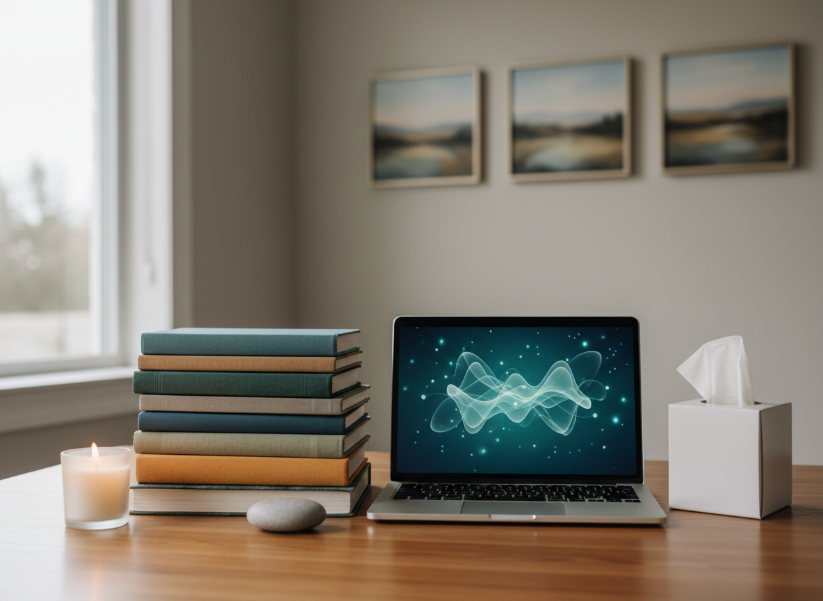 An emotionally supportive visual metaphor for mental health counselling, showing a neat stack of varied hardcover journals on a wooden desk, next to an open laptop with a softly glowing, abstract wellness interface. Around the journals are small objects representing anxiety, stress, and grief support: a smooth worry stone, a gently burning candle in a frosted glass holder, and a box of tissues. Natural overcast light from a nearby window bathes the scene, creating soft, even illumination and minimal shadows. Photographic realism at eye level with a balanced composition and medium depth of field, so the background of a calm, neutral-toned room with framed landscapes remains softly defined. The overall mood is compassionate, grounded, and professional, suggesting guided reflection and growth for both adolescents and adults through secure online counselling.