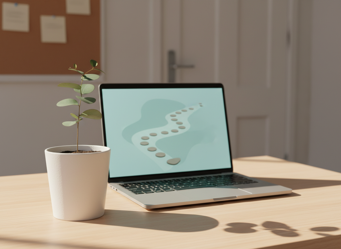 A symbolic representation of personal growth through online counselling, featuring a small eucalyptus sapling in a simple matte-white ceramic pot placed beside an open laptop on a clean birch desk. The laptop screen glows with an abstract progress path made of gentle arcs and stepping stones in soothing blues and greens, with no text or people. Morning sunlight streams through an off-frame window, highlighting the delicate leaves, casting intricate shadows on the desk, and creating a bright yet tranquil mood. Photographic realism with a minimalist, contemporary aesthetic, shot from a three-quarter angle to show depth. In the softly blurred background, subtle details like a corkboard with blank notes and a closed door hint at reflection, life transitions, and a safe, private space for change supported by telehealth counselling across Australia.