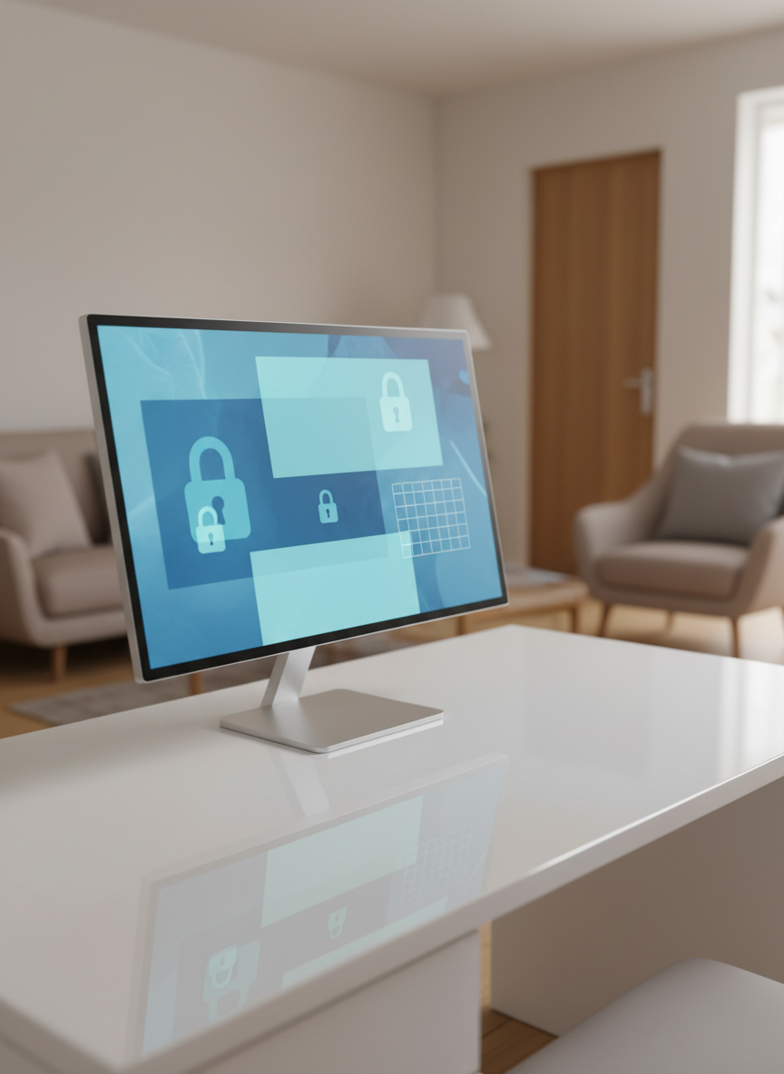A secure-feeling digital counselling setup shown on a sleek, thin-bezel computer monitor placed on a tidy white desk. On-screen, an abstract, non-figurative interface suggests encrypted telehealth communication: softly glowing lock icons, calm blue and teal panels, and a simple calendar for online booking, all without readable text. A subtle reflection of the interface appears on the desk’s glossy surface. Soft studio lighting from the side highlights the clean lines and smooth textures, casting gentle, elongated shadows. The background is a softly blurred living room with plush furnishings and a closed door, hinting at privacy. Photographic realism with a calm, professional mood, shot from a slightly elevated angle to emphasize safety, clarity, and ease of accessing confidential support from home.