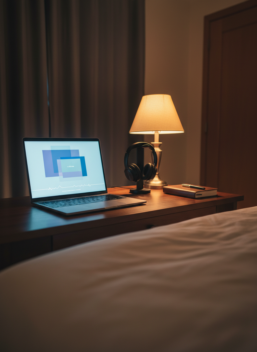 A night-time telehealth counselling environment designed for quiet privacy, showing a laptop on a dark walnut desk in a softly lit bedroom. The laptop screen emits a gentle, cool glow with an abstract video call interface and a simple waveform indicating an optional phone session, all without visible people or text. A warm bedside lamp casts a golden pool of light over crisp white bedding and the desk surface, creating a cozy contrast with the cool screen tones. Photographic realism with a cinematic, intimate mood, captured from a slightly low angle. The composition emphasizes the sense of confidentiality: a closed door in the softly blurred background, drawn curtains, and neatly arranged objects like noise-cancelling headphones and a journal, suggesting secure, late-evening support for those dealing with anxiety, insomnia, or emotional distress.